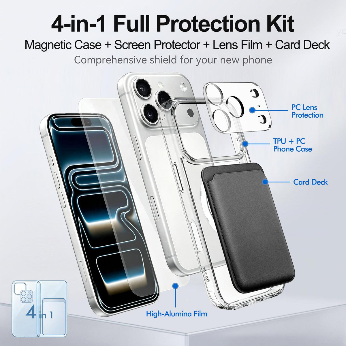 4 in 1 Set Clear Magnetic Phone Case with Screen Film + Lens Protector + Card Bag Compatible with iPhone 18 Pro Max - Transparent