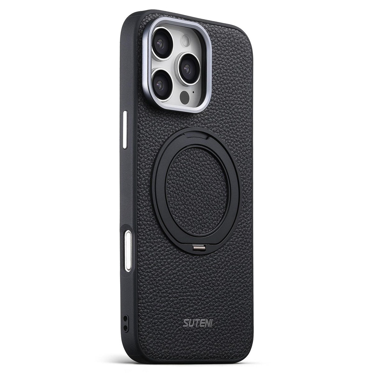 Compatible with iPhone 18 Pro Suteni G9 Large Lychee Pattern Magnetic Holder Phone Case - Black