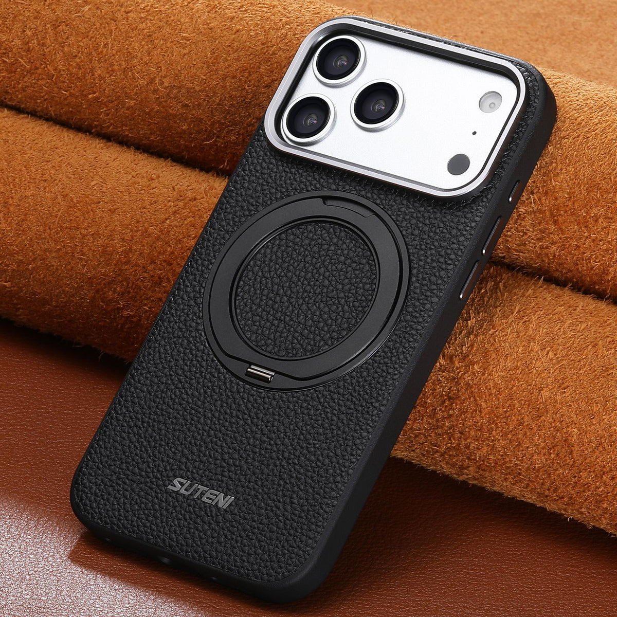 Compatible with iPhone 18 Pro Suteni G9 Large Lychee Pattern Magnetic Holder Phone Case - Black