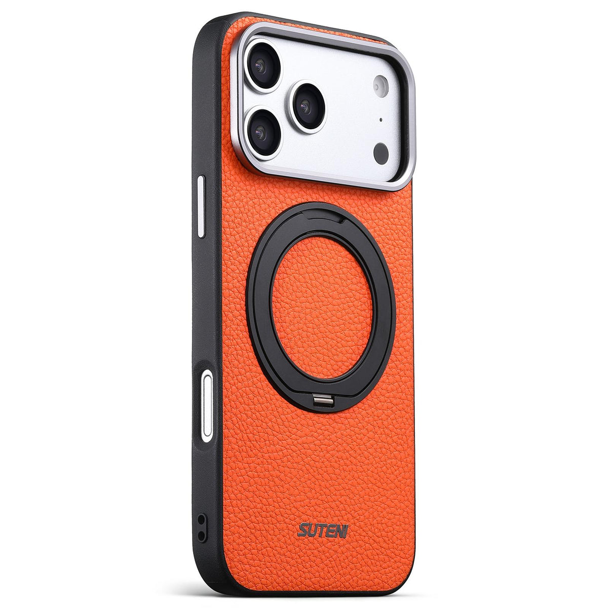 Compatible with iPhone 18 Pro Suteni G9 Large Lychee Pattern Magnetic Holder Phone Case - Orange