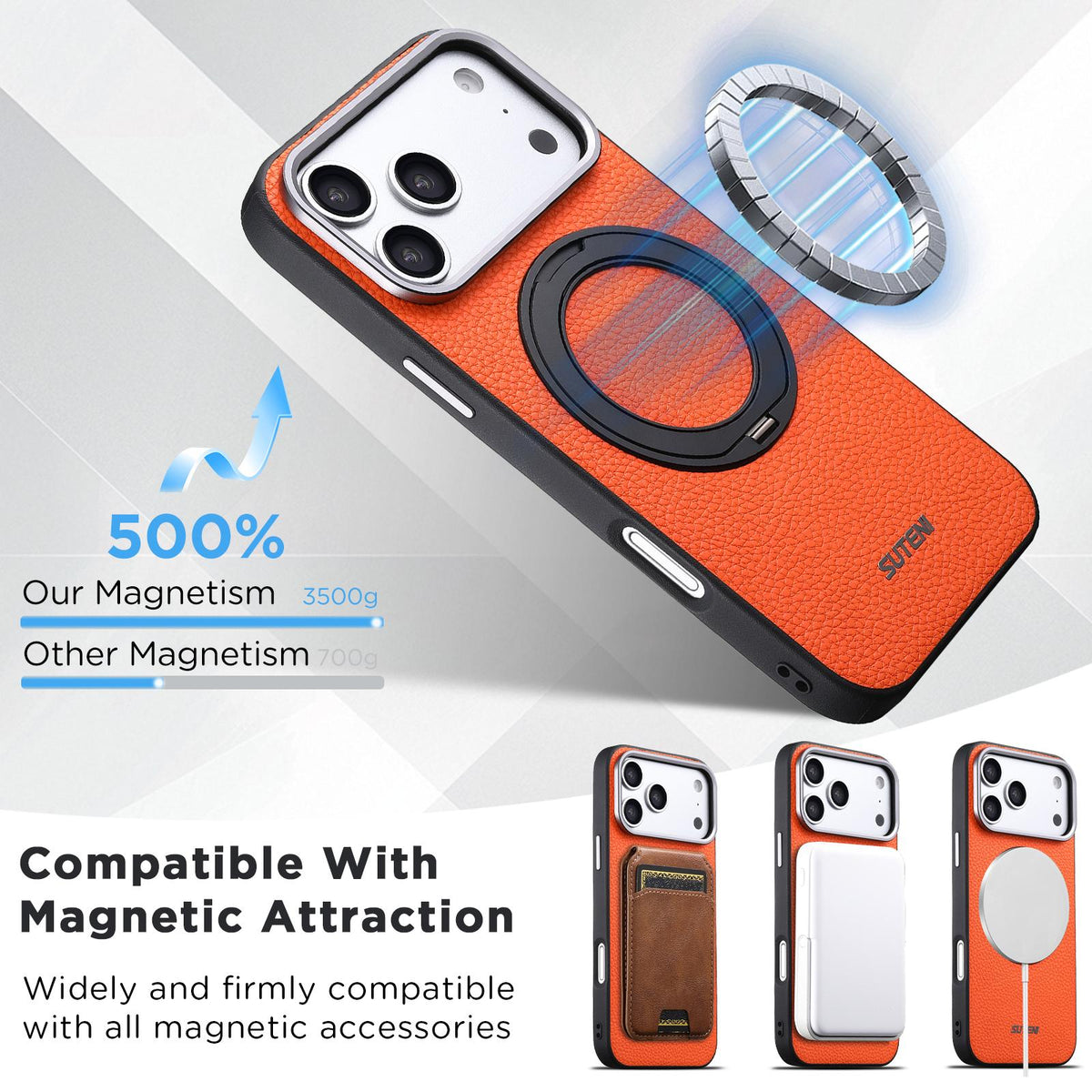 Compatible with iPhone 18 Pro Suteni G9 Large Lychee Pattern Magnetic Holder Phone Case - Orange