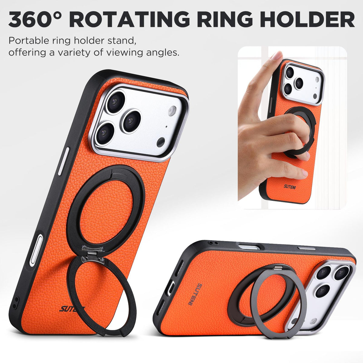 Compatible with iPhone 18 Pro Suteni G9 Large Lychee Pattern Magnetic Holder Phone Case - Orange