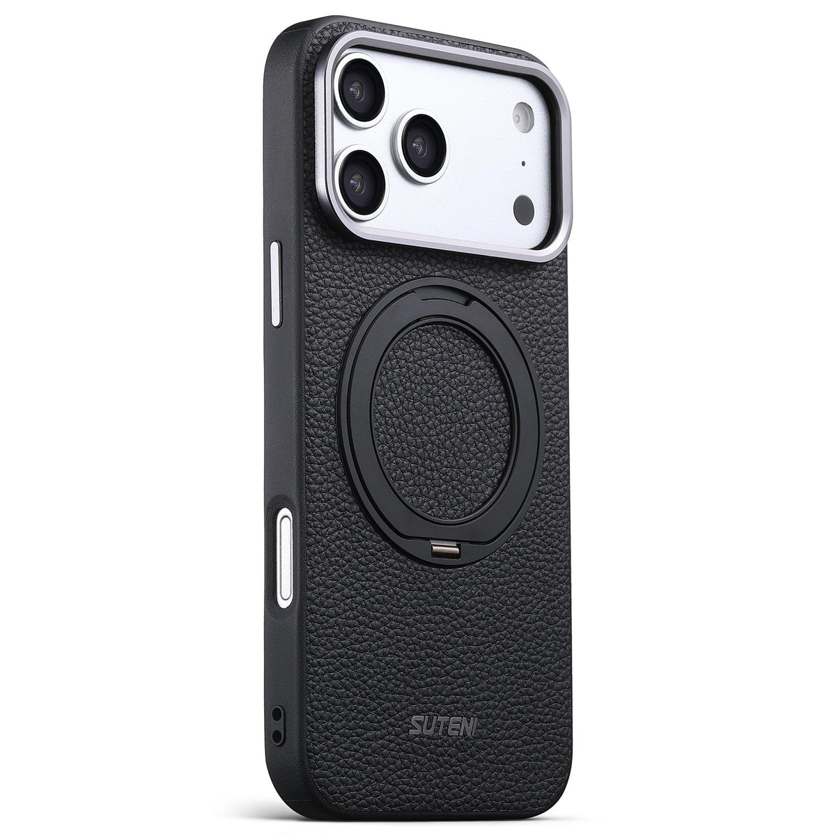Compatible with iPhone 18 Pro Max Suteni G9 Large Lychee Pattern Magnetic Holder Phone Case - Black