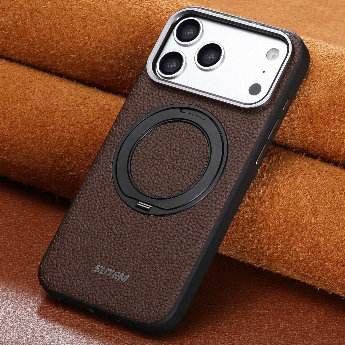 Compatible with iPhone 18 Pro Max Suteni G9 Large Lychee Pattern Magnetic Holder Phone Case - Brown