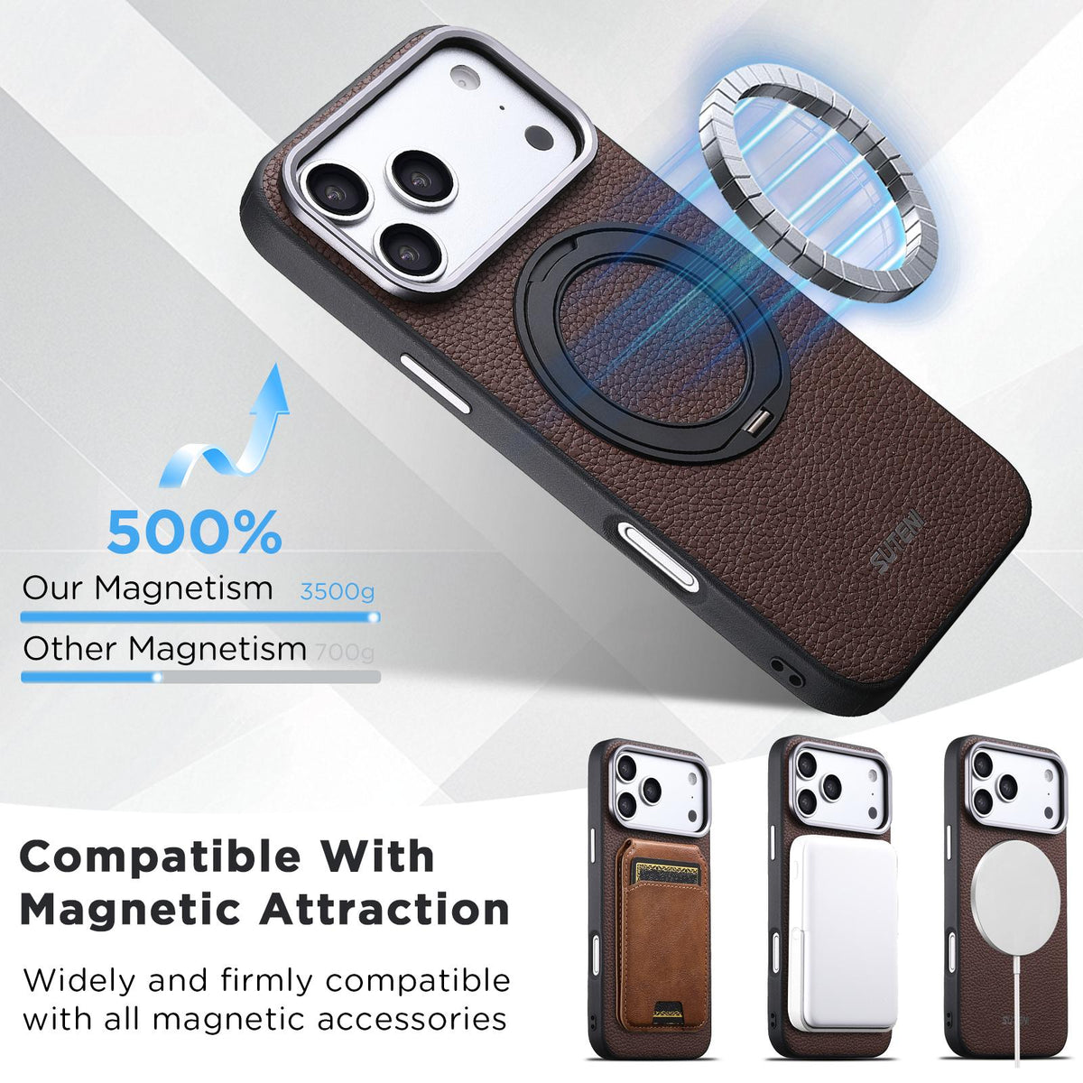 Compatible with iPhone 18 Pro Max Suteni G9 Large Lychee Pattern Magnetic Holder Phone Case - Brown
