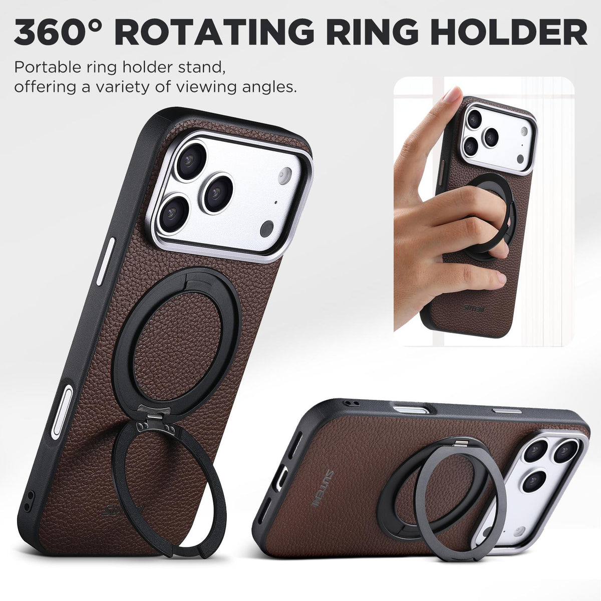 Compatible with iPhone 18 Pro Max Suteni G9 Large Lychee Pattern Magnetic Holder Phone Case - Brown