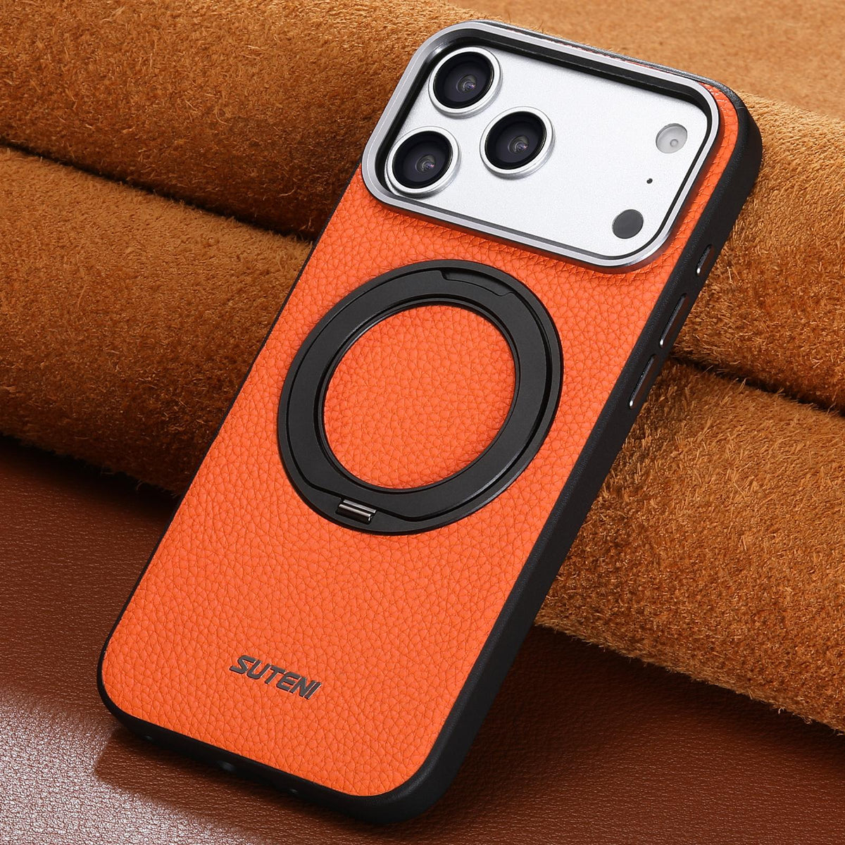 Compatible with iPhone 18 Pro Max Suteni G9 Large Lychee Pattern Magnetic Holder Phone Case - Orange