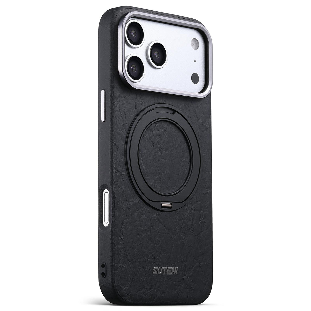 Compatible with iPhone 18 Pro Max Suteni G9 Rock Texture Magnetic Holder Phone Case - Black