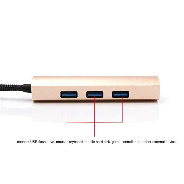 T-552 4Ports USB3.0 Hub Aluminium Alloy Expander Adapter High Speed Transmission Data Sync Convertor Compatible with Mouse/Keyboard/Mobile Hard Disk - Gold