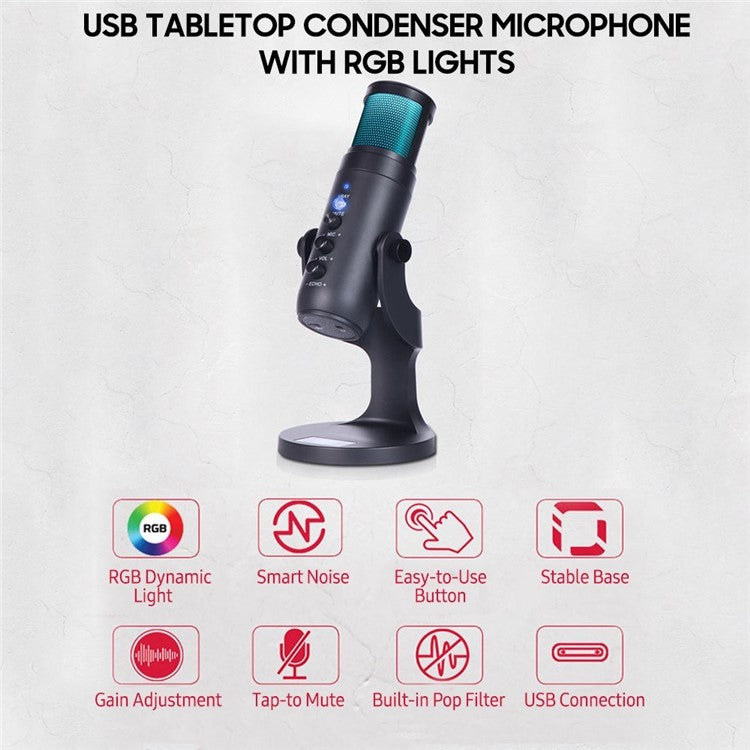 Desktop Mini Condenser Microphone RGB Microphone with Stand for Streaming Podcasting Instrument Recording