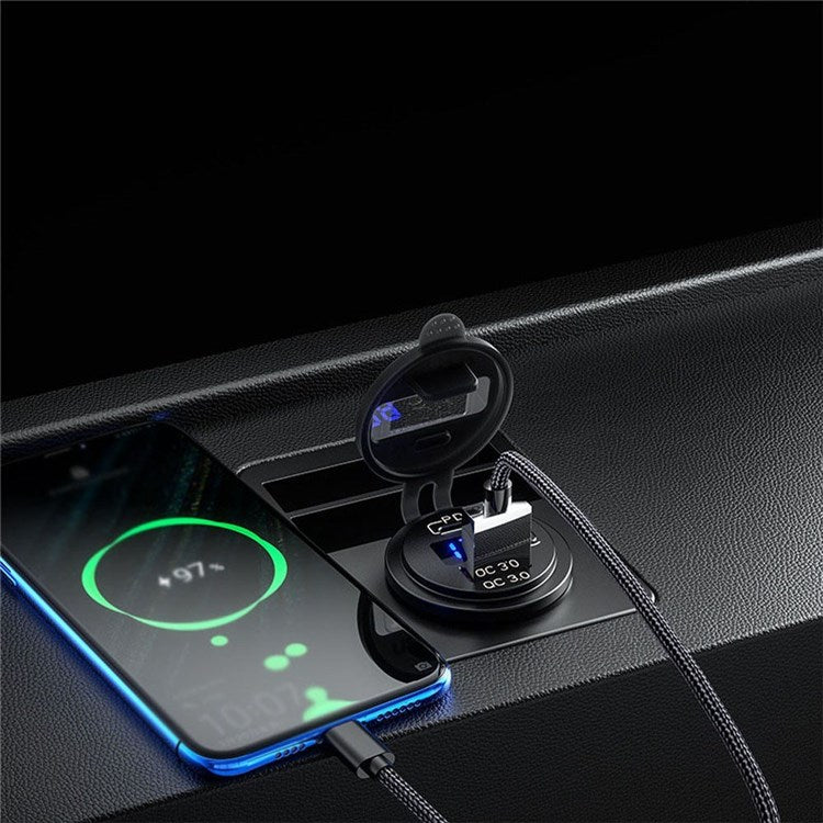 12-24V Car Charger Adapter PD USB Dual Port Quick Charge Phone Charger with Voltage Display - Blue Light