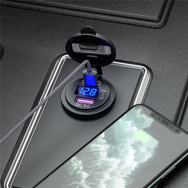 12-24V Car Charger Adapter PD USB Dual Port Quick Charge Phone Charger with Voltage Display - Blue Light