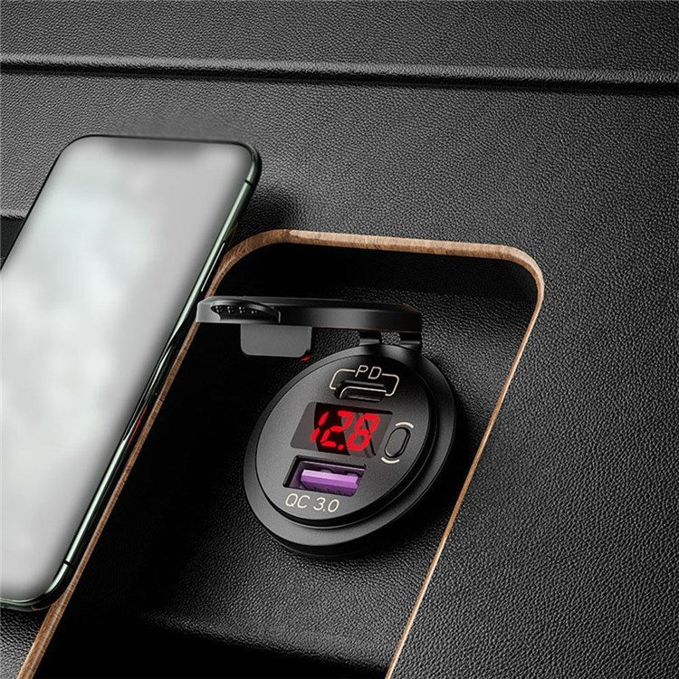 12-24V Car Charger Adapter PD USB Dual Port Quick Charge Phone Charger with Voltage Display - Blue Light