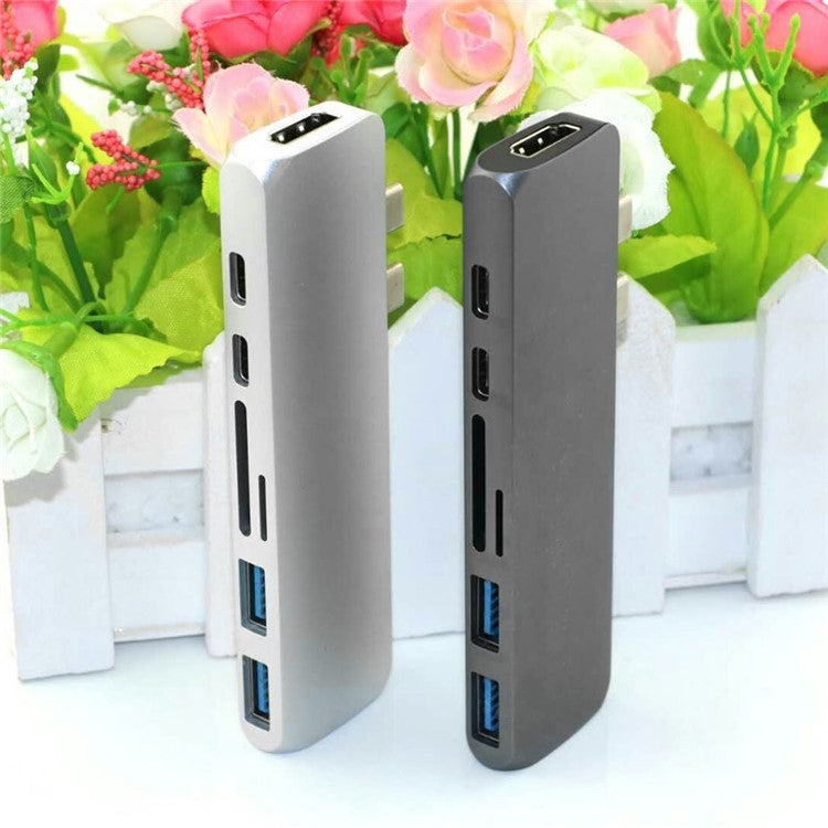 7-in-1 Dual USB-C Port to Thunderbolt 3/4K HDMI/USB-C/2xUSB3.0/SD/MicroSD Hub Adapter for MacBook Pro - Silver
