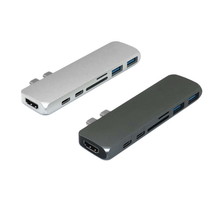7-in-1 Dual USB-C Port to Thunderbolt 3/4K HDMI/USB-C/2xUSB3.0/SD/MicroSD Hub Adapter for MacBook Pro - Silver