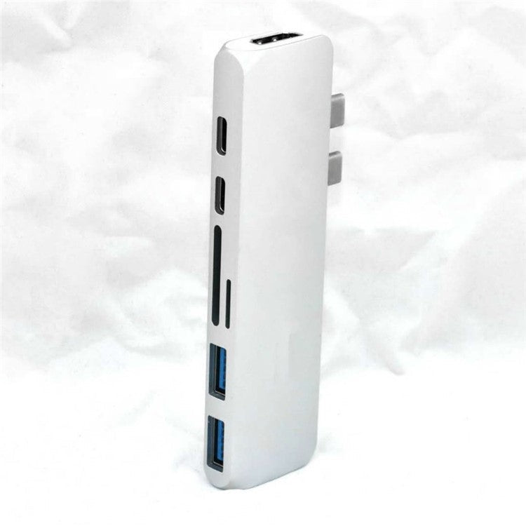 7-in-1 Dual USB-C Port to Thunderbolt 3/4K HDMI/USB-C/2xUSB3.0/SD/MicroSD Hub Adapter for MacBook Pro - Silver