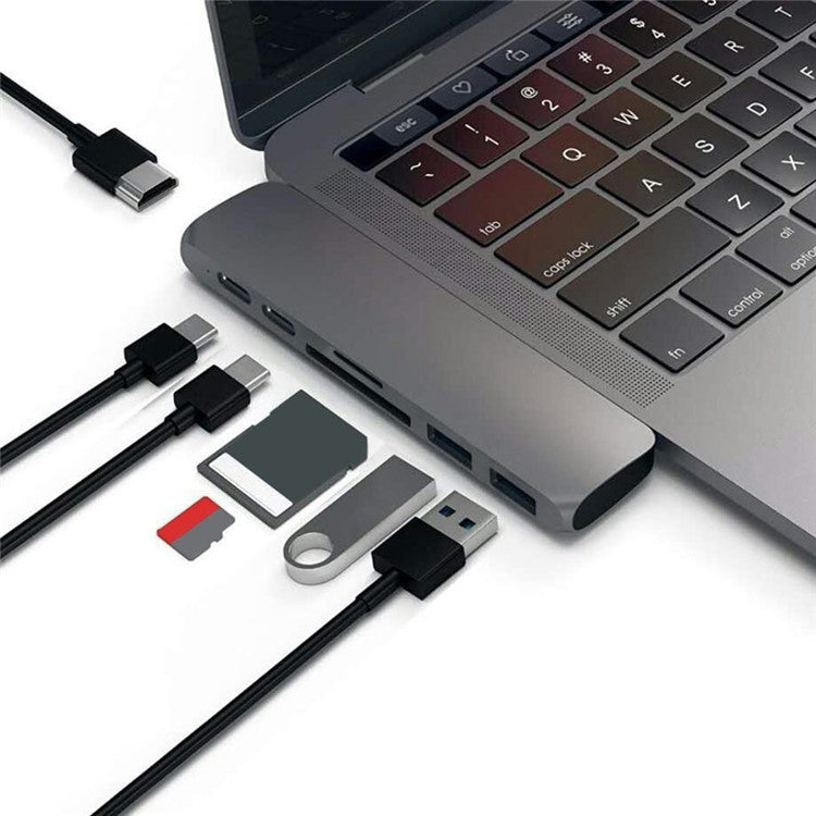 7-in-1 Aluminum USB Type-C Port to Thunderbolt 3/4K HDMI/USB-C/2xUSB3.0/SD/MicroSD Hub Adapter for MacBook Pro - Grey