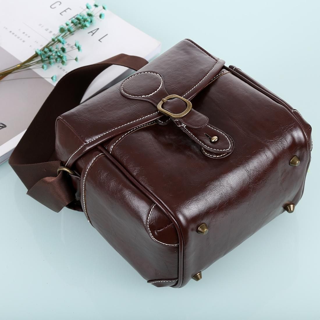 Portable Digital Camera Shoulder Bag Soft PU Leather Bag with Strap, Size: 21cm x 15cm x 20cm (Coffee)