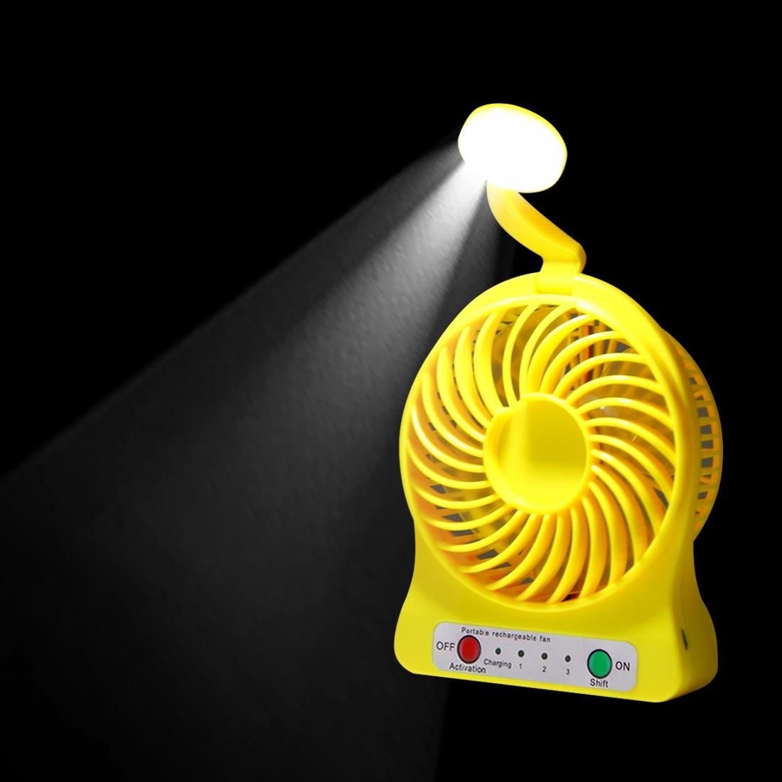 Multi-function Portable Rechargeable Low Noise Mini USB Fan with LED Light & 3 Level Adjustable Wind Speed (Yellow)