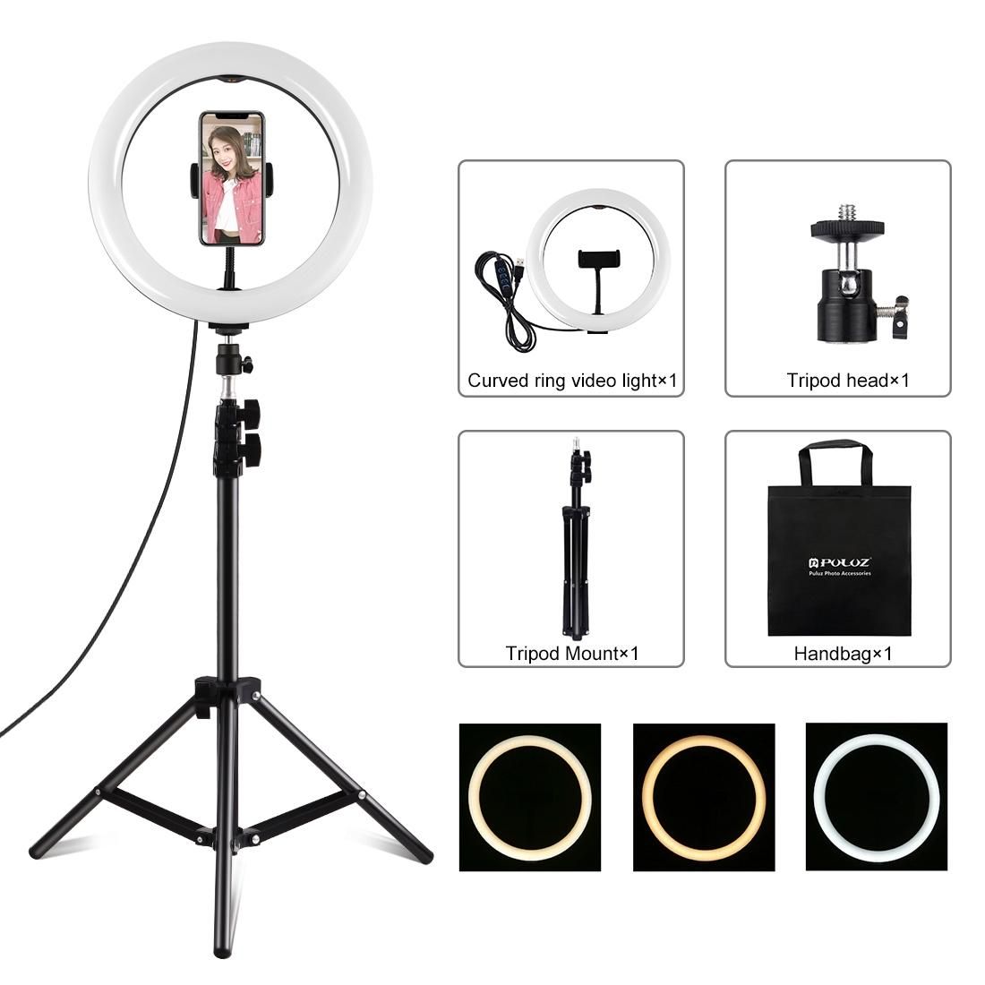 PULUZ 1.1m Tripod Mount + 10 inch 26cm LED Ring Vlogging Video Light Live Broadcast Kits