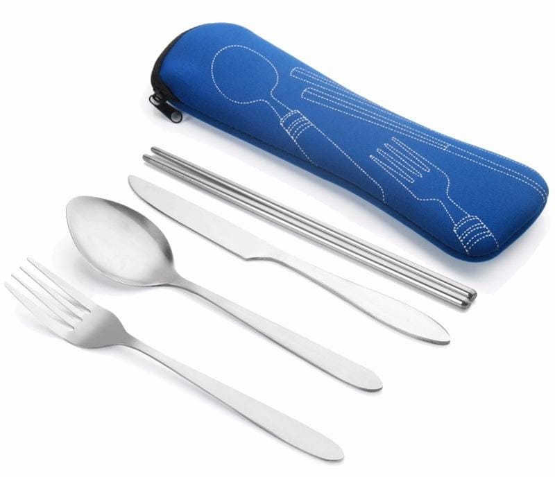 ASD88 4 Pcs/Set Stainless Steel Fork Spoon Chopsticks Travel Camping Cutlery Tools Tableware (Blue)
