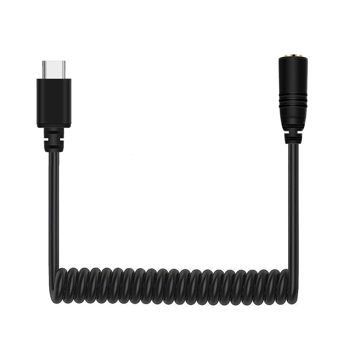 PULUZ 3.5mm TRRS Female to Type-C / USB-C Male Live Microphone Audio Adapter Spring Coiled Cable for DJI OSMO Pocket, Samsung, Huawei and Smartphones, Cable Stretching to 100cm (Black)