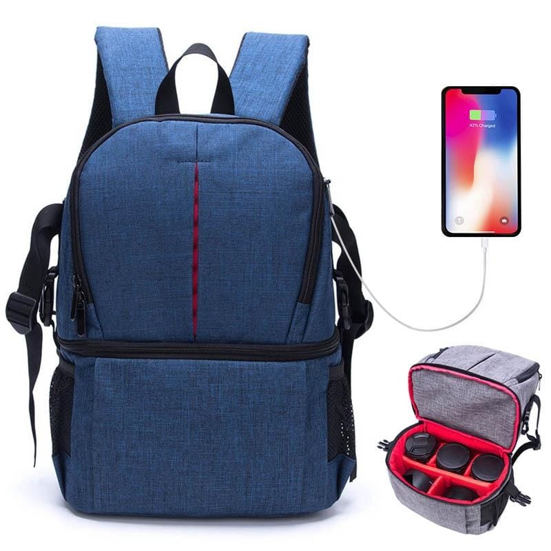 Multi-functional Waterproof Nylon Shoulder Backpack Padded Shockproof Camera Case Bag for Nikon Canon DSLR Cameras (Blue)
