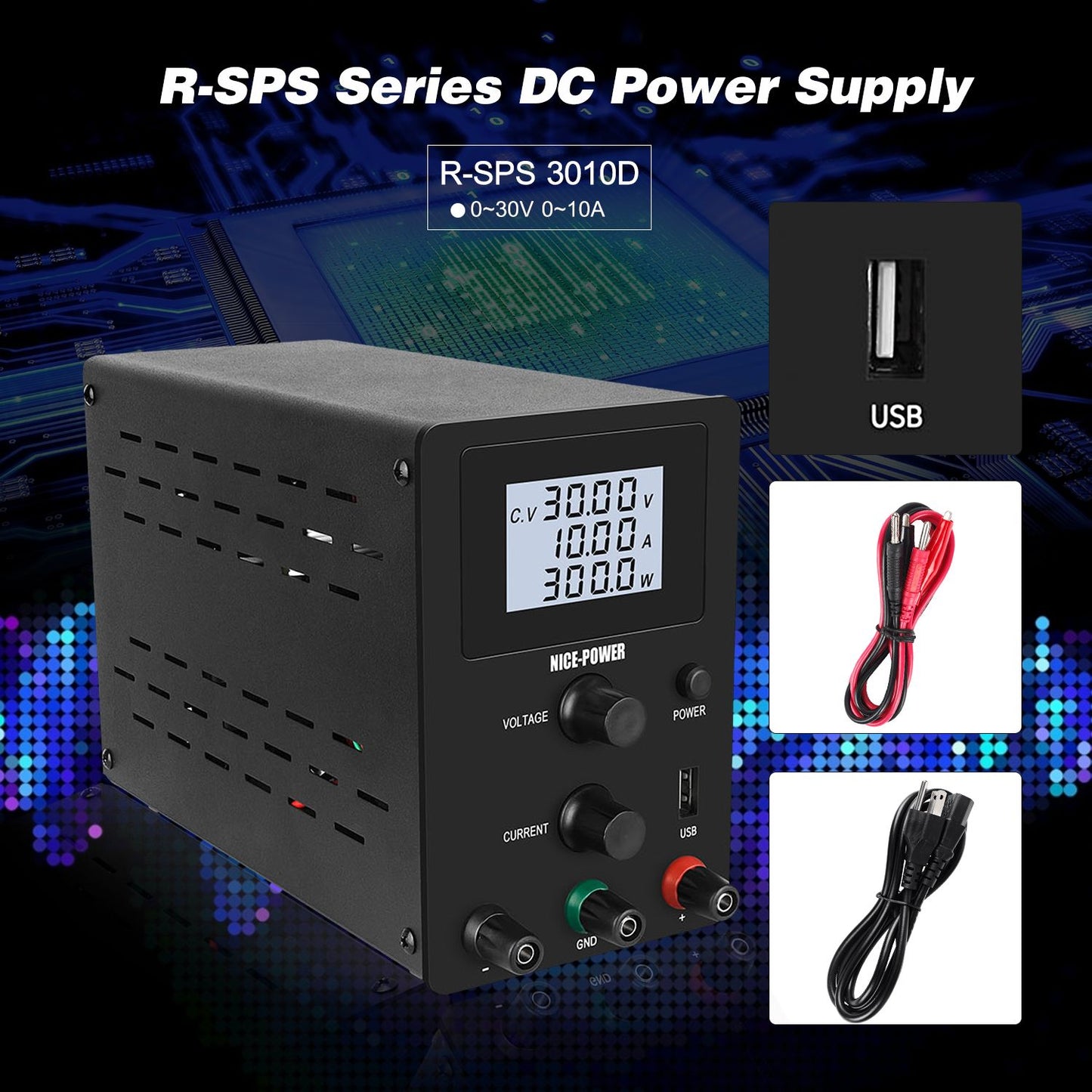 110V 0-30V 0-10A DC Power Supply Switching - US Plug