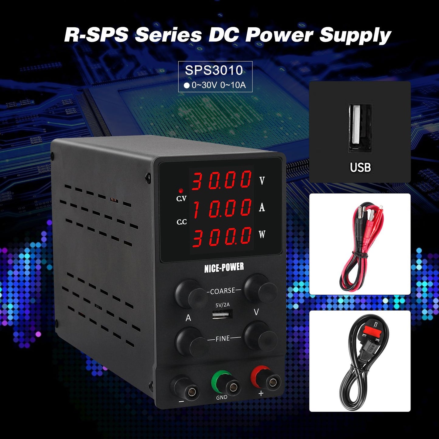 220V 0-30V 0-10A DC Power Supply Voltage-stabilized Source - UK Plug