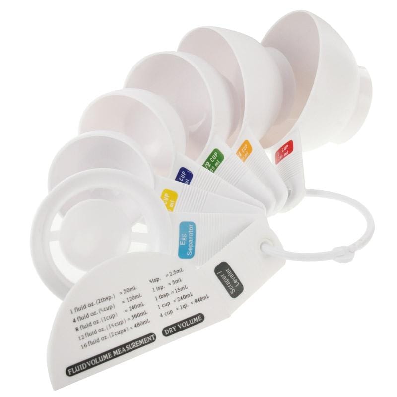 7pcs Kitchen Tool Plastic Measuring Cup, Including Scraper, Egg Separator, 1/4 Cup , 1/3 Cup , 1/2 Cup , 3/4 Cup , 1 Cup (White)