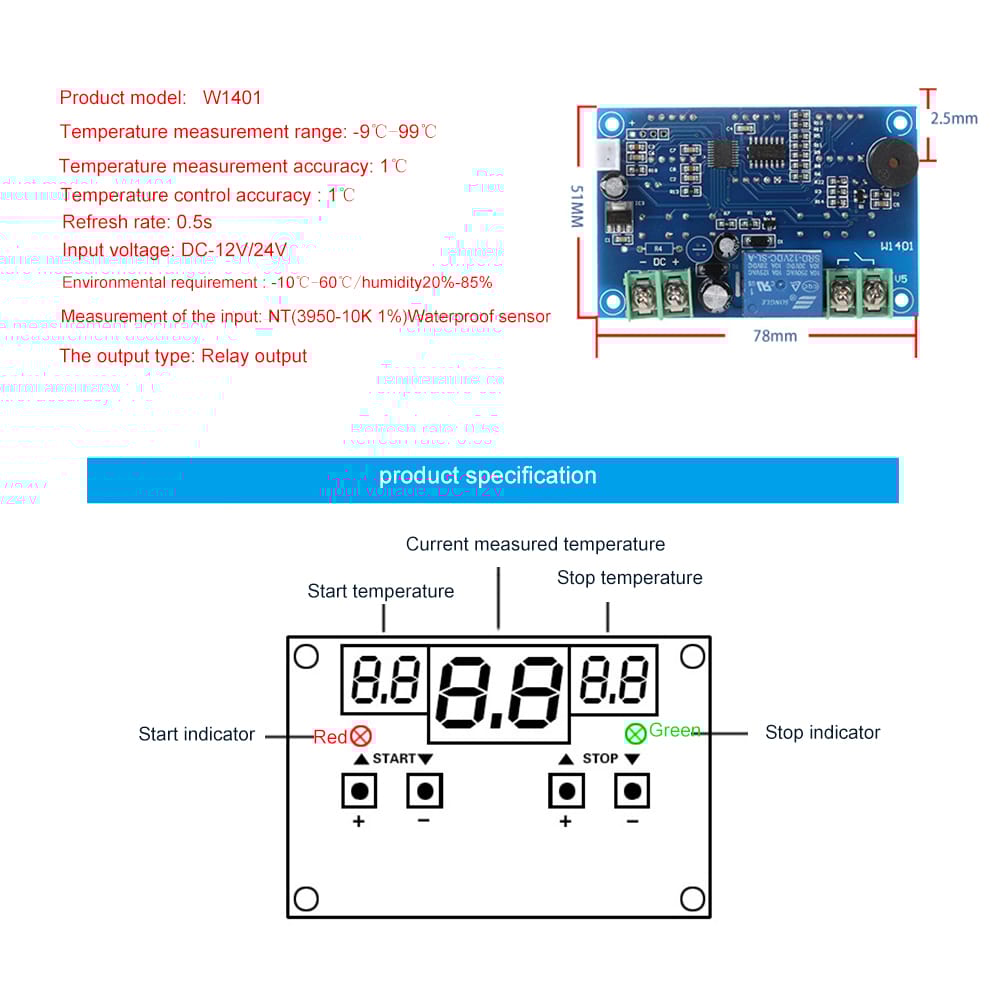 Intelligent Digital Thermostat Temperature Controller - 12V