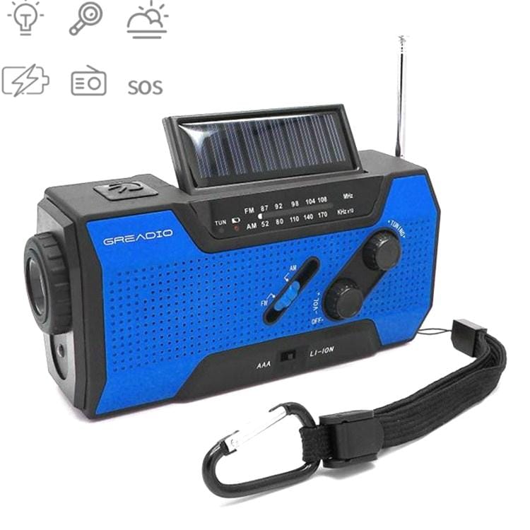 Multifunctional Hand Crank Solar Power LED Flashlight Full Band FM Radio Desk Lamp Alarm, Style:US Version NOAA (Blue)