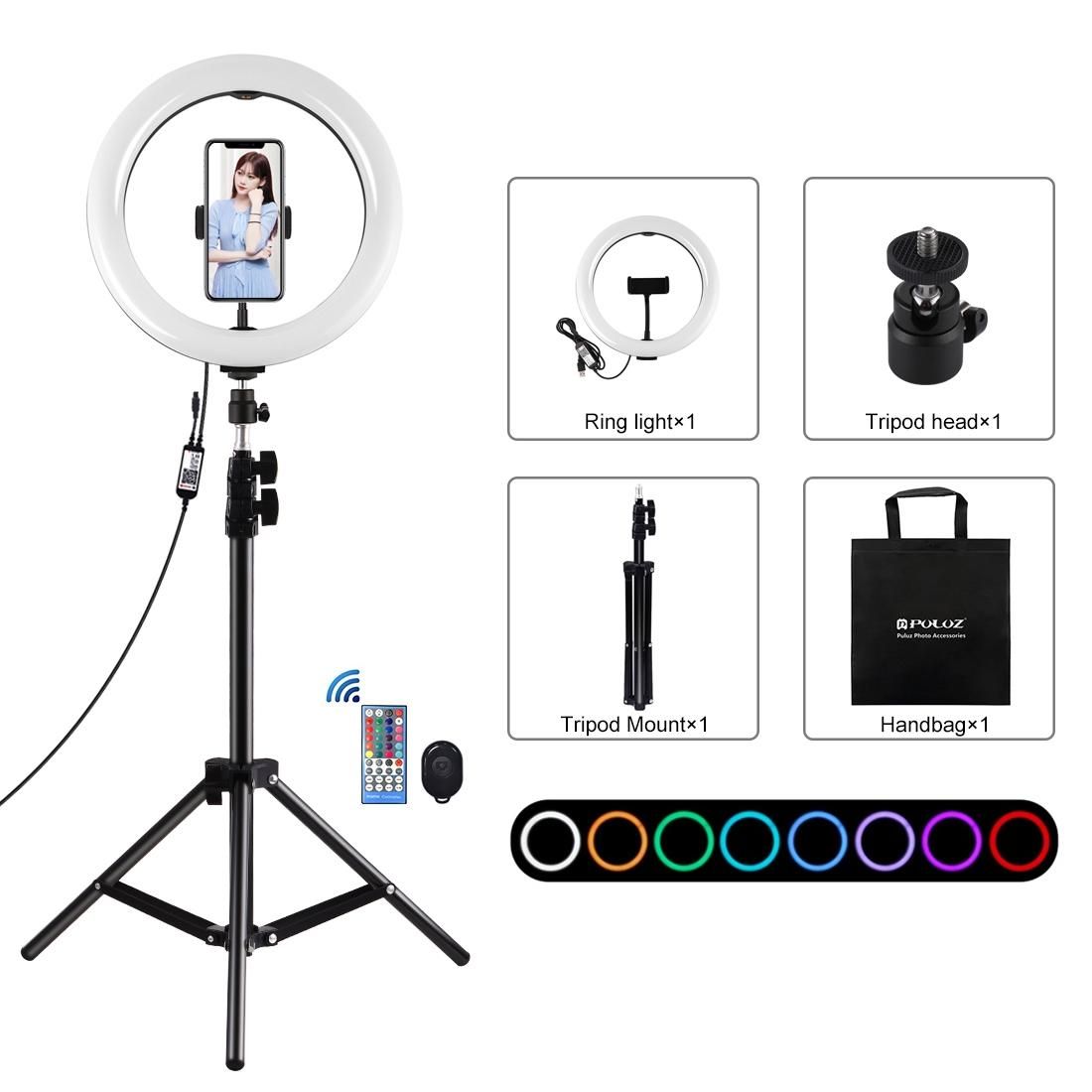PULUZ 1.1m Tripod Mount + 10 inch 26cm Curved Surface RGBW LED Ring Vlogging Video Light Live Broadcast Kits with Remote Control & Phone Clamp (Black)