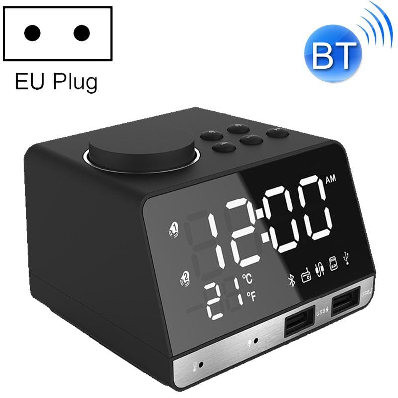 K11 Bluetooth Alarm Clock Speaker Creative Digital Music Clock Display Radio with Dual USB Interface, Support U Disk / TF Card / FM / AUX, EU Plug (Black)