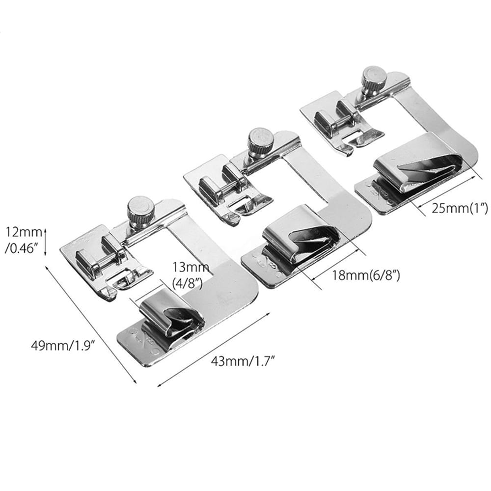 3Pcs Wide Foot Set Hemmer Adjustable Rolled Hem Snap-On