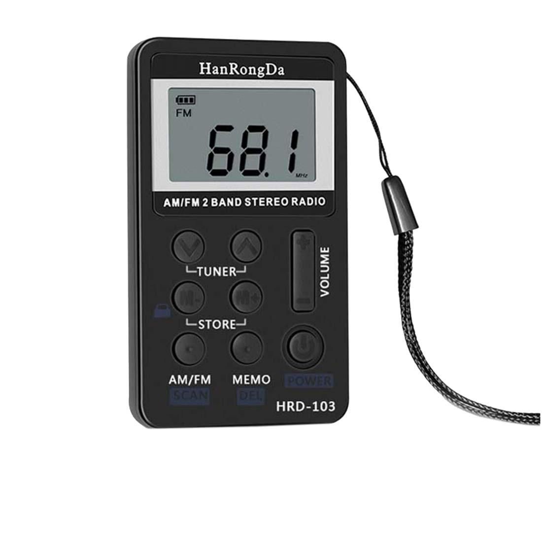 Portable AM / FM Two Bands Rechargeable Stereo Radio Mini Receiver with & LCD Screen & Earphone Jack & Lanyard (Black)