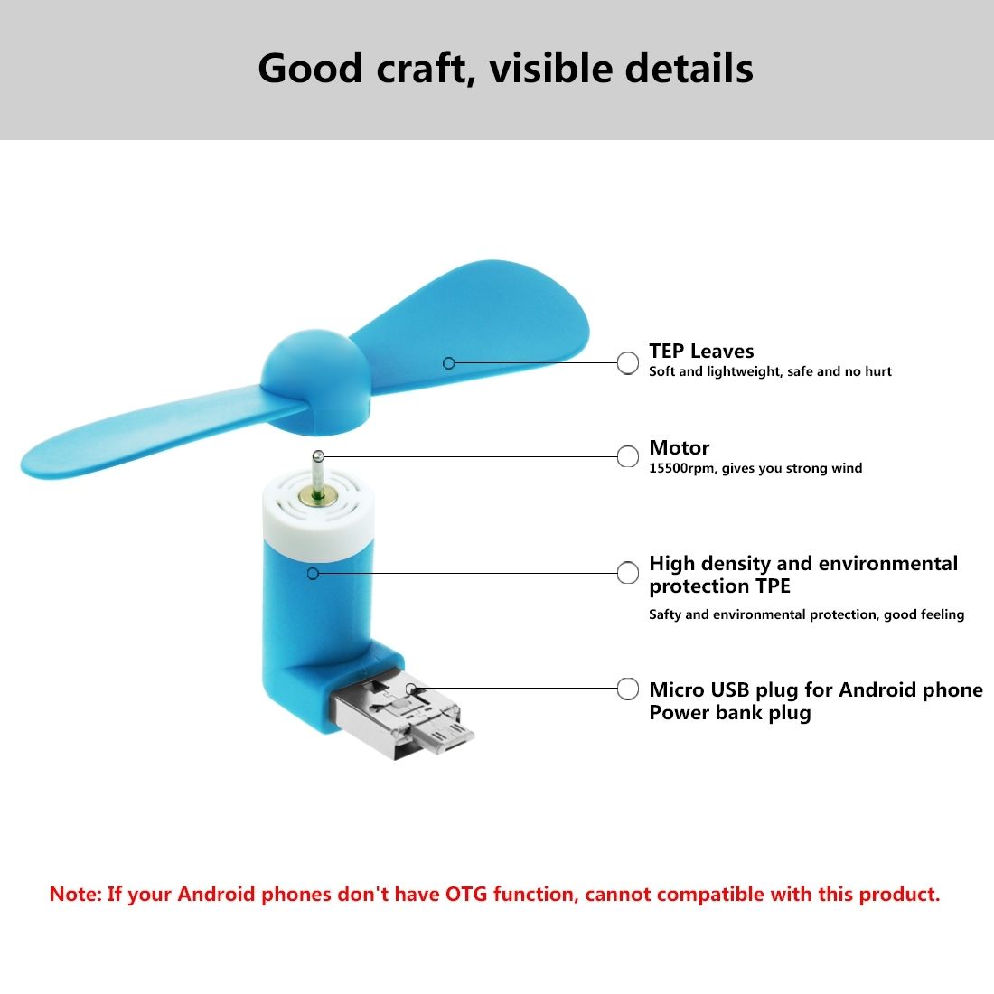 HAWEEL 3.5 inch Fashion Two Ports Portable USB / Micro USB Phone Mini Fan with Two Leaves, For Galaxy S6 / S5, Other Mobile Phone with OTG Function(Blue)