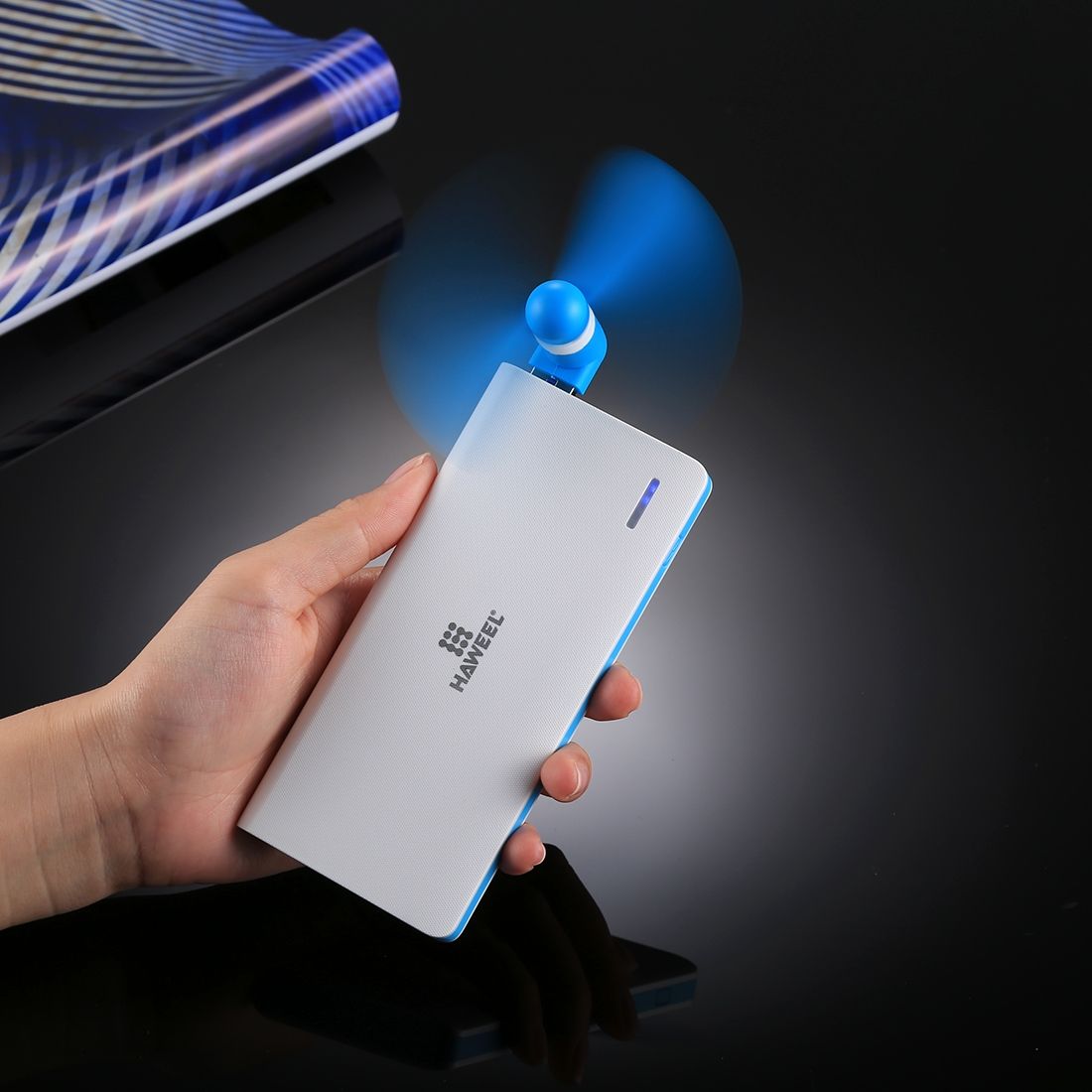 HAWEEL 3.5 inch Fashion Two Ports Portable USB / Micro USB Phone Mini Fan with Two Leaves, For Galaxy S6 / S5, Other Mobile Phone with OTG Function(Blue)