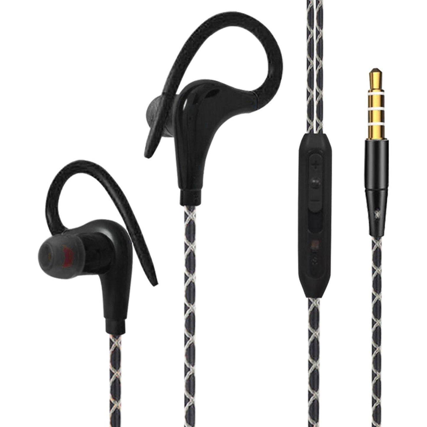 Sports Wired Earbuds 3.5mm Jack with Over Ear Hook for Jogging Gym Black