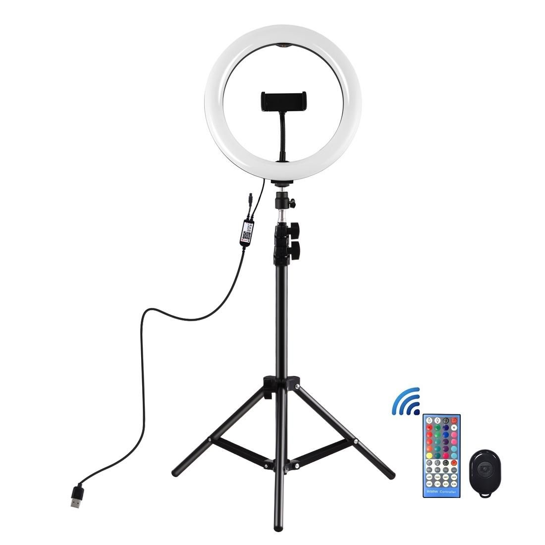 PULUZ 1.1m Tripod Mount + 10 inch 26cm Curved Surface RGBW LED Ring Vlogging Video Light Live Broadcast Kits with Remote Control & Phone Clamp (Black)