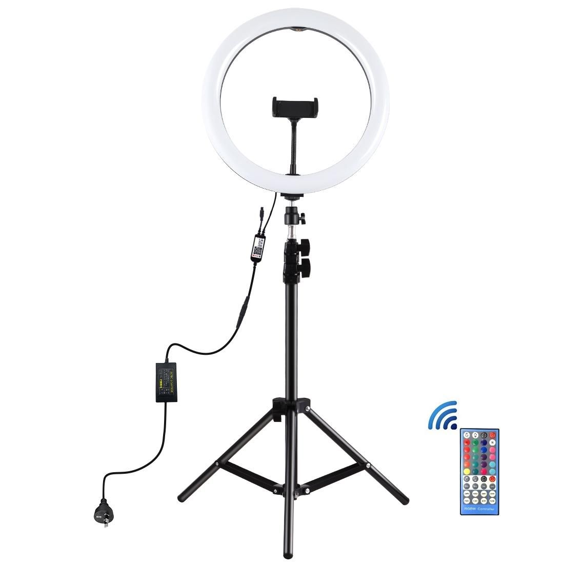 PULUZ 12 inch RGB Light 1.1m Tripod Mount Dimmable LED Ring Vlogging Selfie Photography Video Lights Live Broadcast Kits with Cold Shoe Tripod Ball Head & Phone Clamp (UK Plug)
