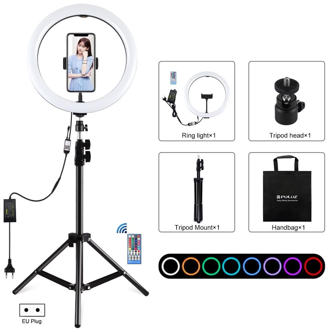 PULUZ 12 inch RGB Light 1.1m Tripod Mount Dimmable LED Ring Vlogging Selfie Photography Video Lights Live Broadcast Kits with Cold Shoe Tripod Ball Head & Phone Clamp (EU Plug)