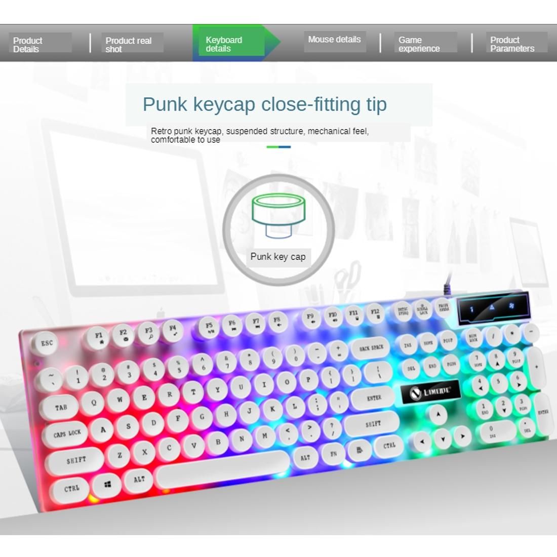TX300 Mechanical Feel Backlight Punk Wired Keyboard Mouse Set (White)