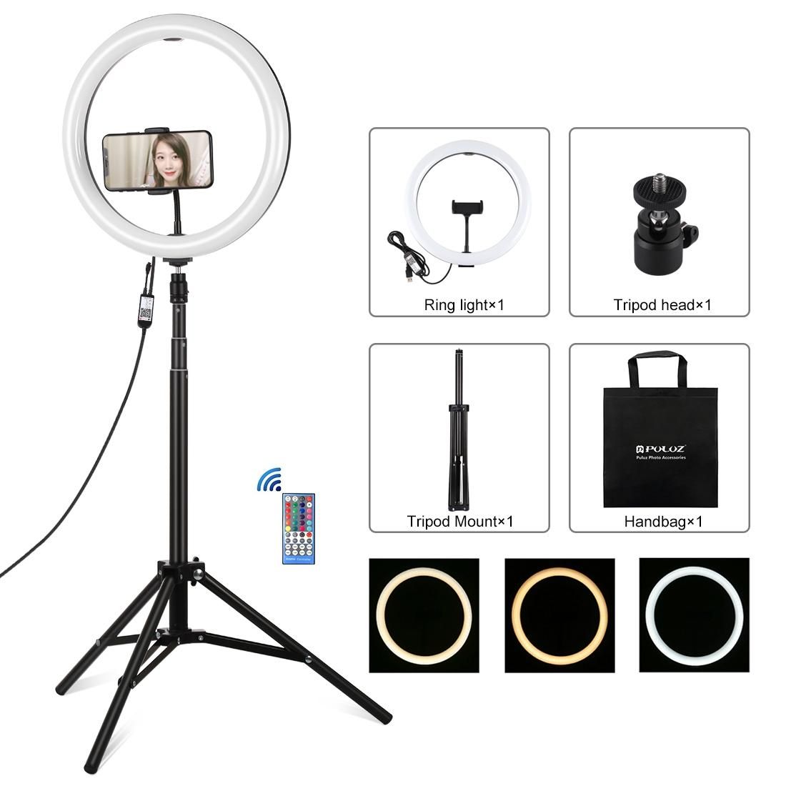PULUZ 11.8 inch 30cm RGBW Light + 1.65m Mount Curved Surface RGBW Dimmable LED Ring Vlogging Light Live Broadcast Kits with Cold Shoe Tripod Adapter & Phone Clamp & Remote Control (Black)