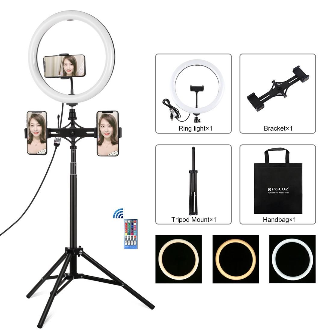 PULUZ 11.8 inch 30cm RGBW Light + 1.65m Mount + Dual Phone Brackets Curved Surface RGBW Dimmable LED Ring Vlogging Light Live Broadcast Kits with Cold Shoe Tripod Adapter & Phone Clamp & Remote Control (Black)