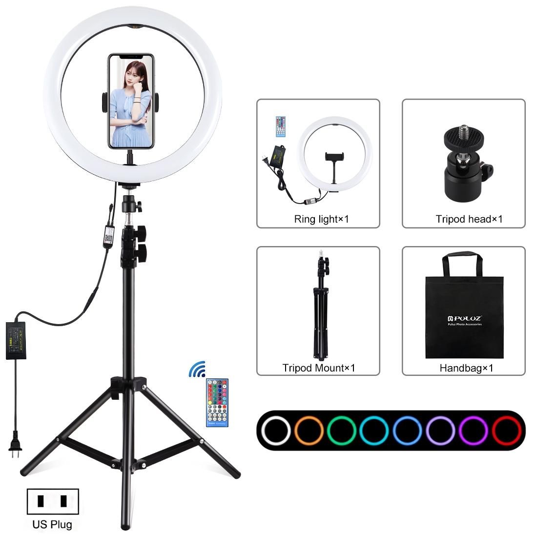 PULUZ 12 inch RGB Light 1.1m Tripod Mount Dimmable LED Ring Vlogging Selfie Photography Video Lights Live Broadcast Kits with Cold Shoe Tripod Ball Head & Phone Clamp (US Plug)