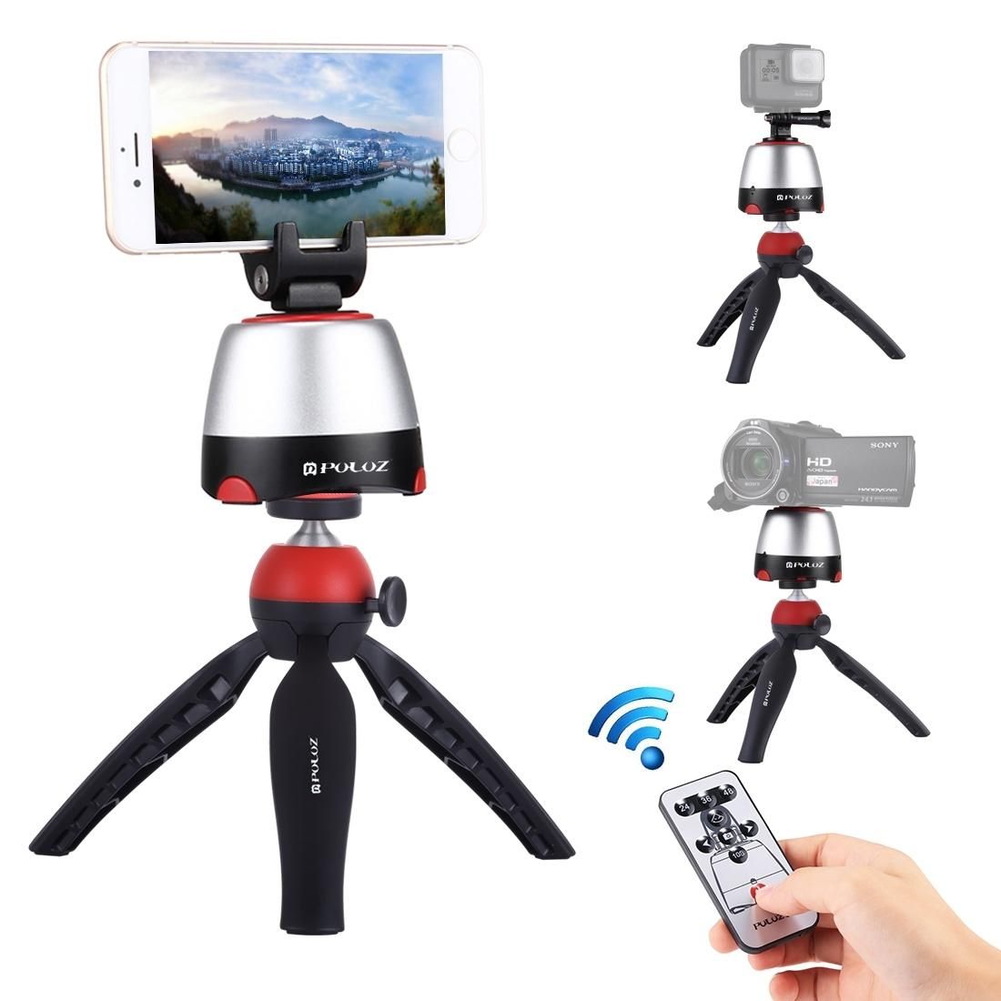 PULUZ Electronic 360 Degree Rotation Panoramic Head + Tripod Mount + GoPro Clamp + Phone Clamp with Remote Controller for Smartphones, GoPro, DSLR Cameras (Red)