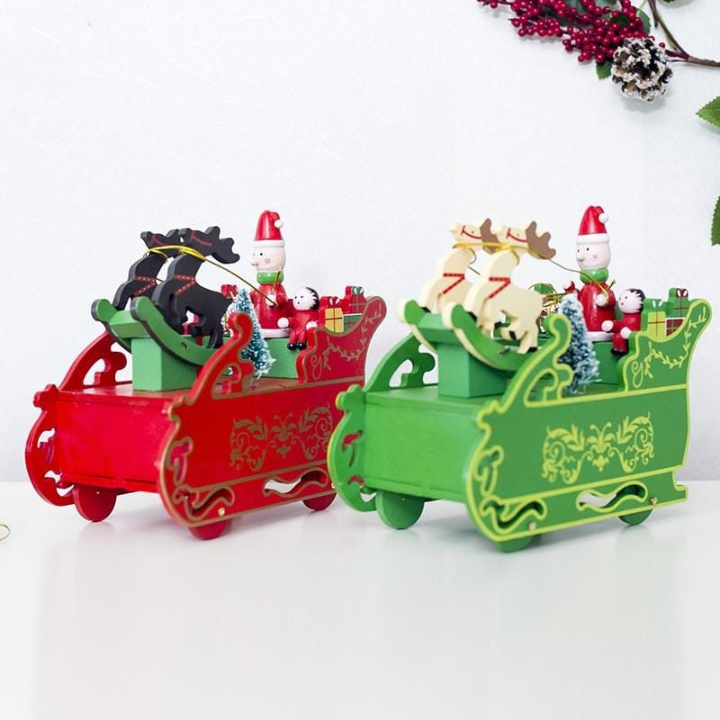 2 PCS Christmas Decorations Creative Sleigh Gift Music Box Wooden Decorations (Red)