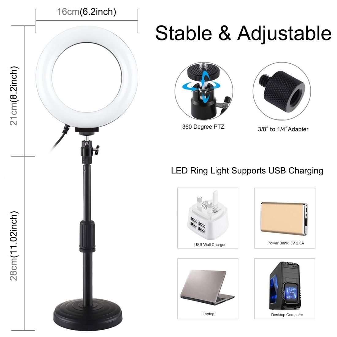 PULUZ Round Base Desktop Mount + 6.2 inch 3 Modes USB Dimmable LED Ring Vlogging Video Light, Adjustable Height: 18cm-28cm