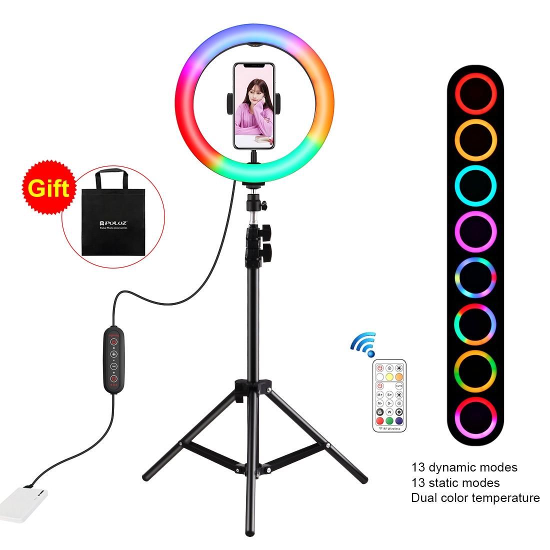PULUZ 10 inch 26cm Marquee LED RGBWW Light + 1.1m Tripod Mount 168 LED Dual-color Temperature Dimmable Ring Vlogging Photography Video Lights with Cold Shoe Tripod Ball Head & Remote Control & Phone Clamp (Black)